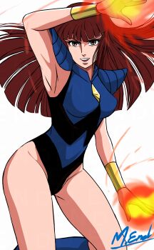 1girl absurdres arm_up armor armpits baren_(godmars) blue_boots blue_leotard boots bracer breasts brown_eyes brown_hair commentary_request fire foot_out_of_frame highleg highleg_leotard highres leg_up leotard long_hair looking_at_viewer masaaki_endo medium_breasts open_mouth pyrokinesis rokushin_gattai_godmars shoulder_armor simple_background smile solo standing standing_on_one_leg teeth thighs upper_teeth_only white_background