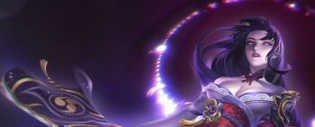 1girl armor blurry breasts bridal_gauntlets cleavage clothing_cutout commentary depth_of_field dress english_commentary genshin_impact glowing glowing_eyes hair_flowing_over hair_ornament highres huge_breasts japanese_clothes kimono large_breasts leaning_to_the_side long_hair mitsudomoe_(shape) neck_ribbon no_mole off_shoulder open_mouth purple_dress purple_eyes purple_hair purple_kimono raiden_shogun red_ribbon red_sash ribbon sash shoulder_armor shoulder_cutout solo tomoe_(symbol) upper_body vilkichan