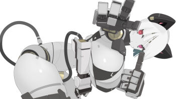 :o android bikini black_bikini breasts cable cable_tail colored_skin exposed_internal_machinery hanging_breasts huge_breasts joints leaning_forward mark_under_both_eyes mechanical_arms mechanical_ears mechanical_hands mechanical_tail nanatsuki_sousuke original red_eyes robot_girl robot_joints simple_background swimsuit tail thumbs_up white_background white_hair white_skin