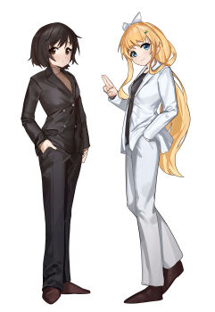 2girls absurdres alternate_costume black_jacket black_pants black_shirt black_suit blonde_hair bow brown_eyes brown_hair business_suit formal_clothes full_body funami_yui grey_sweater hair_bow hand_in_pocket highres jacket keibi_inu lapels long_hair looking_at_viewer multiple_girls pant_suit pants shirt short_hair sidelocks simple_background suit suit_jacket sweater toshinou_kyouko white_background white_bow white_jacket white_pants white_suit yuruyuri