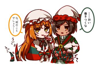 2girls absurdres blush brown_hair christmas_nightmare_(e.g.o) dress e.g.o_(project_moon) freckles hat highres holiday_(e.g.o) ishmael_(project_moon) limbus_company long_hair looking_at_viewer mob_cap monosirofj multiple_girls open_mouth orange_eyes outis_(project_moon) patchwork_clothes project_moon santa_hat shawl short_hair sidelocks simple_background smile speech_bubble sweater translation_request very_long_hair white_background white_dress white_sweater