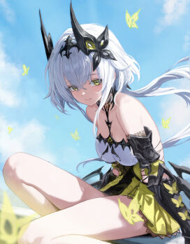 1girl bare_shoulders blue_sky breasts bug butterfly closed_mouth commentary day ddcc0123 duet_night_abyss green_butterfly green_eyes green_skirt hair_ornament highres insect long_hair looking_at_viewer medium_breasts mutation outdoors psyche_(duet_night_abyss) sitting skirt sky solo
