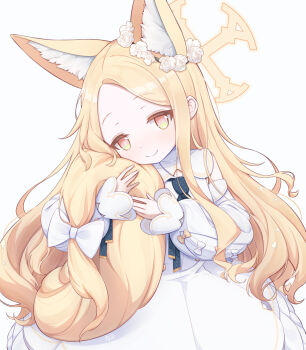 1girl animal_ear_fluff animal_ears black_necktie blue_archive bow capelet closed_mouth detached_sleeves dress flower forehead fox_ears fox_girl fox_tail gold_trim hair_flower hair_ornament halo highres holding holding_own_tail light_blush long_hair long_sleeves looking_at_viewer matchamassa necktie pink_eyes seia_(blue_archive) simple_background sleeveless sleeveless_dress smile solo tail white_background white_bow white_capelet white_dress white_flower yellow_halo
