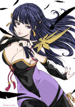 1girl black_gloves black_hair black_leotard blunt_bangs boots breasts cleavage covered_navel dated dead_or_alive dead_or_alive_xtreme dead_or_alive_xtreme_venus_vacation elbow_gloves eyelashes feathers gloves hair_ornament highleg highleg_leotard hime_cut hiragoma large_breasts leotard lips long_hair mole mole_under_mouth nyotengu pantyhose partially_fingerless_gloves purple_eyes purple_pantyhose signature simple_background smile solo tengu thigh_boots wings