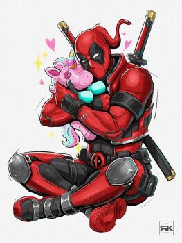 belt blush bodysuit deadpool deadpool_(series) gloves highres holding hug jacke male_focus marvel marvel_rivals mask muscular muscular_male red_bodysuit red_mask rkreates superhero_costume sword toy weapon