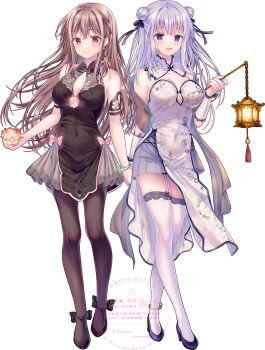2girls :d black_dress black_pantyhose black_ribbon black_shoes blush bracelet braid breasts brown_hair china_dress chinese_clothes cleavage closed_mouth commentary_request covered_navel double_bun dress flower full_body garter_straps grey_skirt hair_between_eyes hair_bun hair_ribbon high_heels highres hiiragi_asuka_(twinbox) holding holding_flower holding_lantern jewelry lantern long_hair looking_at_viewer lotus maeda_shiori medium_breasts multiple_girls open_mouth original pantyhose pleated_skirt purple_eyes purple_hair red_eyes ribbon shoes side_slit sidelocks skirt smile sousouman standing thighhighs transparent_background twinbox_school very_long_hair watermark white_dress white_garter_straps white_thighhighs