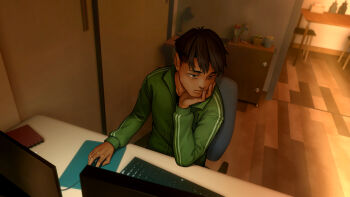 Rule 34 | 1boy, as109, at computer, brown eyes, brown hair, chair, closed mouth, computer, desk, elbow rest, facial hair, from above, green jacket, hand on own cheek, hand on own face, head rest, highres, indoors, jacket, computer keyboard, long sleeves, male focus, monitor, computer mouse, mousepad (object), office chair, on chair, original, roomscape, short hair, sitting, solo, stubble, swivel chair, track jacket, wooden floor