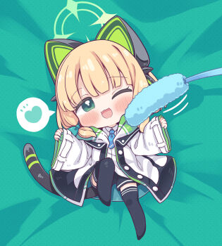 Rule 34 | 1girl, ;3, ;d, animal ear headphones, animal ears, bed sheet, black jacket, black shorts, black tail, black thighhighs, blonde hair, blue archive, blue necktie, blush, bow, buttons, cat ear headphones, cat ears, cat tail, cat teaser, chibi, chibi only, collared shirt, commentary request, fake animal ears, fake tail, full body, green bow, green eyes, green halo, green jacket, hair bow, halo, headphones, heart, highres, jacket, long sleeves, looking at viewer, low-tied sidelocks, lying, midori (blue archive), mini person, minigirl, multicolored jacket, necktie, no shoes, on back, one eye closed, open clothes, open jacket, open mouth, pinching sleeves, shirt, shorts, sidelocks, sleeves past wrists, smile, solo, speech bubble, spoken heart, tail, takahero, thighhighs, unbuttoned, white jacket, white shirt, wide sleeves