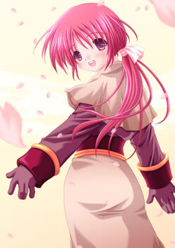 1girl 2000s_(style) acolyte_(ragnarok_online) blush brown_capelet brown_skirt capelet cherry_blossoms commentary_request cowboy_shot dated_commentary falling_petals from_behind gloves higuchi_norie long_hair looking_at_viewer looking_back low_ponytail open_mouth petals pink_eyes pink_hair ponytail purple_gloves purple_shirt ragnarok_online shirt skirt smile solo yellow_background