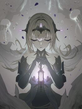1girl air_bubble animal bianca_(pgr) blonde_hair blue_lips breasts bubble closed_eyes collarbone hair_between_eyes headgear highres holding holding_lantern jellyfish lantern large_breasts long_hair mechanical_hands mole mole_under_eye nitrocharge25 punishing:_gray_raven underwater underwear