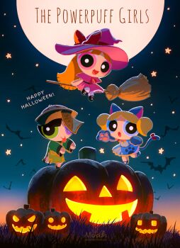 3girls animal_costume animal_ears animal_hands artist_name bat_(animal) black_hair blonde_hair blossom_(ppg) blue_dress blue_eyes blunt_bangs blunt_ends broom broom_riding bubbles_(ppg) buttercup_(ppg) capelet cat_costume cat_ears cat_paws cat_tail copyright_name dress english_text full_body full_moon green_eyes halloween_costume happy_halloween hat highres jack-o&#039;-lantern jiangshi_costume long_hair moon multiple_girls noah_(rokoroko) one_eye_closed open_mouth orange_hair pink_capelet pink_dress pink_eyes powerpuff_girls ribbon short_hair siblings sisters smile tail tail_ornament tail_ribbon tongue tongue_out twintails twitter_username watermark witch witch_hat
