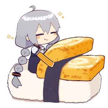 1girl :3 =_= ahoge black_dress braid chibi closed_mouth commentary_request dress elbow_gloves fingerless_gloves flower_symbol food gloves grey_hair happy highres in_food kizuna_akari konohoshi long_hair low_twin_braids no_jacket omelet orange_gloves pinafore_dress puffy_short_sleeves puffy_sleeves shirt short_sleeves simple_background sitting sleeveless sleeveless_dress smirk solo striped_clothes striped_gloves sushi tamagoyaki twin_braids under_covers vertical-striped_clothes vertical-striped_gloves very_long_hair vocaloid voiceroid white_background white_shirt