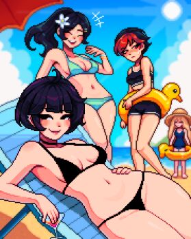 4girls ahoge artist_self-insert aseprite_(medium) beach beach_umbrella bikini black_bikini black_eyes black_hair blonde_hair breasts cleavage closed_eyes commentary cup drinking_glass english_commentary flower frown hair_flower hair_ornament hand_on_own_hip hat high_ponytail highres holding holding_cup horizon kana_fujisawa kari_kozhevnikova medium_breasts multicolored_hair multiple_girls navel netsu_kazegawa open_mouth outdoors pixel_art ponytail red_eyes red_hair sand short_hair smile swimsuit two-tone_hair umbrella water yumykon yumykon_(yumykon) yumyverse
