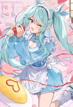 1girl ;d absurdres apron aqua_hair blue_dress blue_sleeves bottle bow breasts cleavage cleavage_cutout clothing_cutout commentary_request dress elf epsilon_(kagejitsu) food frilled_dress frills hair_bow heart highres holding holding_bottle indoors kage_no_jitsuryokusha_ni_naritakute! ketchup kitchen long_hair loose_socks maid maid_apron maid_headdress matsumoto_yuu omelet omurice one_eye_closed open_mouth pointy_ears purple_eyes smile socks squirting_liquid standing standing_on_one_leg twintails white_apron zipper_pull_tab