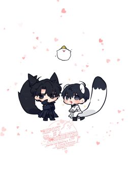 2boys :o ahoge animal_ears averting_eyes biyoo_(omniscient_reader&#039;s_viewpoint) black_coat black_hair black_shirt cat_ears cat_tail coat collared_shirt commentary_request crossed_arms double-parted_bangs full_body hair_between_eyes highres kemonomimi_mode kim_dokja kimidori_22 looking_at_viewer looking_back male_focus mouse_ears mouse_tail multiple_boys omniscient_reader&#039;s_viewpoint open_clothes open_coat popped_collar shirt short_hair standing tail white_coat yoo_joonghyuk