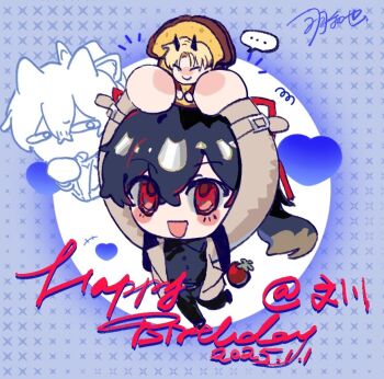 ... 1boy 1girl 1other :d alternate_costume artist_self-insert belt black_hair black_shirt blush bread bread_slice cheon_inho chibi chibi_only coat doodle_inset english_text food full_body grey_coat hair_between_eyes happy_birthday looking_at_viewer mini_person miniboy nicayuko omniscient_reader's_viewpoint open_clothes open_coat open_mouth ponytail red_eyes shirt short_hair smile spoken_ellipsis standing standing_on_one_leg toast tomato x_(symbol)