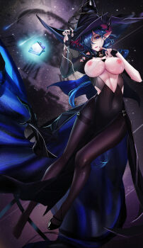 1girl absurdres arknights arm_up black_hat black_nails blue_eyes blue_hair breasts chinese_commentary cleavage commentary_request covered_navel earrings ermengarde_(arknights) finger_to_cheek fingernails floating full_body hair_over_one_eye hat highres jewelry large_breasts linea_alba lipstick long_fingernails long_hair looking_at_viewer magic makeup minuolin nail_polish nipples one_eye_covered pantyhose parted_lips pink_pupils pointy_ears purple_hair purple_pantyhose revealing_clothes ring roman_numeral single_bare_foot solo unfinished witch_hat