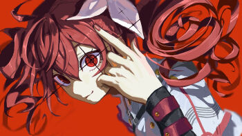 1girl commentary_request hand_up highres kasane_teto kasane_teto_(sv) long_sleeves looking_at_viewer looking_to_the_side nail_polish red_background red_eyes red_nails solo synthesizer_v utau wawasuke