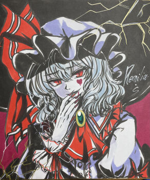 1girl absurdres ascot bat_wings blue_hair bow brooch character_name collared_shirt commentary_request fingernails frilled_shirt_collar frills hat hat_ribbon heart highres jewelry long_fingernails looking_at_viewer marker_(medium) mitsu~ mob_cap red_ascot red_bow red_eyes red_nails remilia_scarlet ribbon sharp_fingernails shirt sleeve_bow smile solo tongue tongue_out touhou traditional_media white_hat white_shirt wings wrist_cuffs