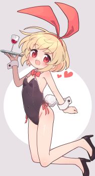 1girl alcohol animal_ears black_leotard black_shoes blonde_hair blush cup drinking_glass fake_animal_ears fake_tail flat_chest heart high_heels highres holding holding_tray kibisake leotard loli looking_at_viewer open_mouth playboy_bunny rabbit_ears rabbit_tail red_eyes rumia shoes short_hair smile solo strapless strapless_leotard tail touhou tray wine wine_glass