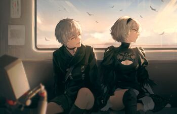 1boy 1girl 2b_(nier:automata) 9s_(nier:automata) absurdres bird black_boots black_choker black_dress black_hairband black_jacket black_shorts black_thighhighs blue_eyes blurry blurry_foreground boots breasts choker cleavage cleavage_cutout closed_eyes closed_mouth clothing_cutout cloud cloudy_sky commentary dress facing_another feather-trimmed_sleeves feet_out_of_frame grey_hair hairband highres jacket juliet_sleeves long_sleeves looking_to_the_side medium_breasts nier:automata nier_(series) parted_lips pod_(nier:automata) puffy_sleeves short_hair shorts sitting sky smile thigh_boots thighhighs thighhighs_under_boots train_interior turtleneck turtleneck_dress window yennyu