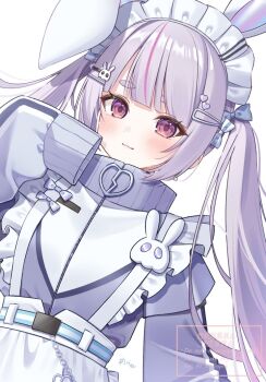 Rule 34 | 1girl, animal ears, blush, closed mouth, commentary request, fake animal ears, itoi toi, jacket, jersey maid, looking at viewer, maid, maid headdress, multicolored hair, pink hair, purple eyes, purple hair, purple jacket, rabbit ears, sleeves past fingers, sleeves past wrists, solo, streaked hair, thick eyebrows, tosaki mimi, tosaki mimi (4th costume), track jacket, twintails, two-tone hair, unconventional maid, virtual youtuber, vspo!, watermark, white background