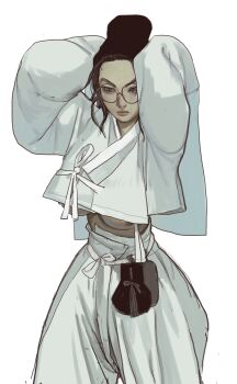 1girl artist_self-insert beanie black_hair black_hat breasts closed_mouth freckles genderswap genderswap_(mtf) glasses grey_eyes hat highres large_breasts long_sleeves looking_down mole mole_on_forehead mossacannibalis nipple_slip nipples original pale_skin pants pouch round_eyewear simple_background sleeves_past_fingers sleeves_past_wrists solo standing white_background white_pants