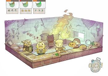 absurdres chilchuck_tims cooking countdown countdown_timer derivative_work dungeon dungeon_meshi food highres holding holding_knife izutsumi kitchen kitchen_knife knife laios_touden marcille_donato overcooked overgrown painting_(medium) redrawn senshi_(dungeon_meshi) shouting subakeye torch traditional_media watercolor_(medium)