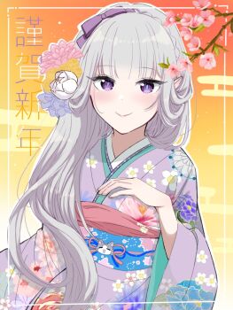 Rule 34 | 1girl, alternate costume, alternate hairstyle, blush, bow, braid, closed mouth, commentary request, crown braid, emilia (re:zero), floral print, floral print kimono, flower, grey hair, hair flower, hair ornament, happy new year, japanese clothes, kimono, kuzumottu, long hair, long sleeves, looking at viewer, new year, obi, pointy ears, print kimono, purple eyes, purple kimono, re:zero kara hajimeru isekai seikatsu, sash, smile, solo, upper body, white flower, wide sleeves