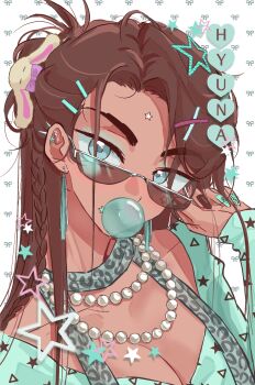 1girl absurdres alien_stage alternate_costume animal_print aqua_nails aqua_shirt black_nails blowing_bubble_gum braid brown_hair character_name chewing_gum chinese_commentary comicup_32_pre commentary_request ear_piercing earrings grey_eyes hair_ornament hairclip heart highres hyuna_(alien_stage) jewelry leopard_print liu_xin_zhishi_yu_ni_zi_shu_bao long_hair necklace pearl_necklace piercing portrait shirt solo star_(symbol) star_hair_ornament star_print sunglasses thick_eyebrows triangle_print