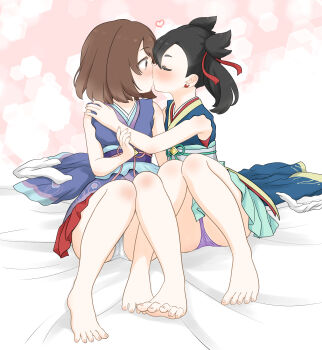 2girls absurdres barefoot black_hair brown_hair closed_eyes commission cosplay dawn_(new_year&#039;s_2023)_(pokemon) dawn_(pokemon) dawn_(pokemon)_(cosplay) gloria_(pokemon) hair_ribbon highres kimono_dress kiss kurosawa_karura lisia_(new_year&#039;s_2023)_(pokemon) lisia_(pokemon) lisia_(pokemon)_(cosplay) marnie_(pokemon) multiple_girls nintendo obi panties pantyshot pixiv_commission pokemon pokemon_masters_ex pokemon_swsh purple_panties ribbon sash short_hair toes twintails underwear white_panties yuri