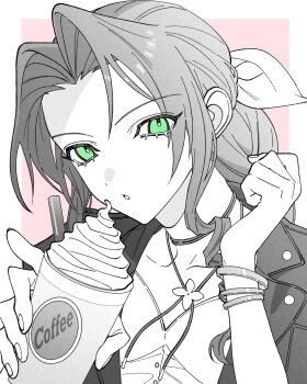 1girl aerith_gainsborough bangle border bracelet braid braided_ponytail choker cup disposable_coffee_cup disposable_cup dress final_fantasy final_fantasy_vii final_fantasy_vii_remake flower_choker green_eyes hair_ribbon highres holding holding_cup jacket jewelry long_hair mob_bouto_1 parted_bangs parted_lips pink_background ribbon sidelocks single_braid solo upper_body whipped_cream white_border