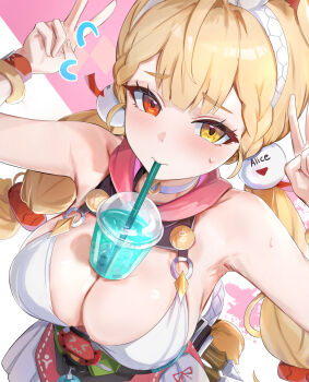 1girl alice_thymefield alice_thymefield_(sea_of_thyme) armpits blonde_hair blush bracelet breasts bubble_tea_challenge commentary_request cup disposable_cup double_v dress_swimsuit drinking_straw from_above hair_ornament hairband heterochromia highres jewelry large_breasts looking_at_viewer official_alternate_costume paid_reward_available rabbit_tail red_eyes solo sphere_hair_ornament sweatdrop tail tomas_(kaosu22) v variant_set white_hairband yellow_eyes zenless_zone_zero