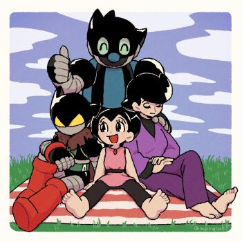 Rule 34 | alternate universe, atom (tetsuwan atom), barefoot, blue sky, brother and sister, cape, closed eyes, cloud, cloudy sky, dress, ethanol (tetsuwan atom), family, father and daughter, father and son, grass, hand on another's shoulder, highres, husband and wife, joints, long sleeves, marias (harako), mother and daughter, mother and son, non-humanoid robot, pants, picnic, picnic blanket, pink dress, rin (tetsuwan atom), robot, robot joints, siblings, sky, tetsuwan atom, thumbs up, torn cape, torn clothes, uran (tetsuwan atom), yellow eyes