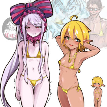 3boys 3girls ahoge albedo_(overlord) arms_at_sides arms_behind_head arthropod_boy aura_bella_fiora bikini blonde_hair blue_eyes blush bonnet bow brother_and_sister brown_hair cocytus_(overlord) cowboy_shot crossdressing dark_elf demiurge_(overlord) droopy_ears elf flying_sweatdrops frilled_bonnet frills glasses gold_bikini green_eyes heavy_breathing heterochromia highres horns jewelry loli long_hair mandibles mare_bello_fiore micro_bikini multiple_boys multiple_girls navel necklace open_mouth pale_skin pointy_ears ponytail purple_hair red_eyes shalltear_bloodfallen shiming_liangjing short_hair shota siblings simple_background slit_pupils striped_bow sweatdrop swimsuit tearing_up tomboy trembling white_background