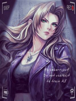 Rule 34 | 1girl, aerith gainsborough, alternate costume, black shirt, breasts, brown hair, crop top, final fantasy, final fantasy vii, flower, flower necklace, green eyes, highres, jacket, jewelry, leather, leather jacket, long hair, medium breasts, midriff, monsterbf1ilove, necklace, parted bangs, parted lips, pink lips, purple jacket, recording, ribbed shirt, shirt, solo, upper body, viewfinder, wavy hair