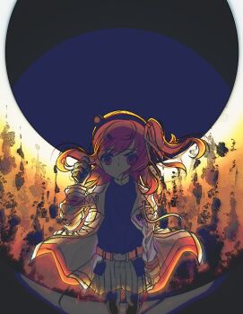 1girl a.i._voice adachi_rei backlighting belt black_pantyhose black_shirt eclipse expressionless floating_hair gloves grey_shorts hair_ornament hair_ribbon headlamp highres holding holding_walkie-talkie jacket long_sleeves looking_at_viewer medium_hair miaojiang_ningmeng netsu_ijou_(utau) no_mouth one_side_up open_clothes open_jacket orange_belt orange_eyes orange_hair pantyhose ribbon shirt shirt_tucked_in shorts solar_eclipse solo turtleneck utau walkie-talkie white_gloves white_jacket white_ribbon