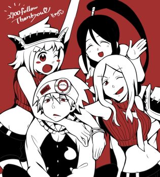 1boy 3girls arm_on_another&#039;s_shoulder blush bracelet breasts elizabeth_thompson hat headband high_ponytail highres hug hug_from_behind jewelry leaning_on_person medium_breasts midriff multiple_girls nakatsukasa_tsubaki patricia_thompson ponytail red_background siosomurie soul_eater soul_evans star_(symbol)