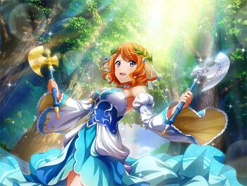 1girl axe blue_dress detached_sleeves dress dual_wielding ebisu_tsukasa forest game_cg gold head_wreath holding holding_axe honest_axe looking_at_viewer nature official_art open_mouth orange_hair parody purple_eyes short_hair shoujo_kageki_revue_starlight shoujo_kageki_revue_starlight_-re_live- solo standing strapless strapless_dress tree upper_body white_sleeves wide_sleeves