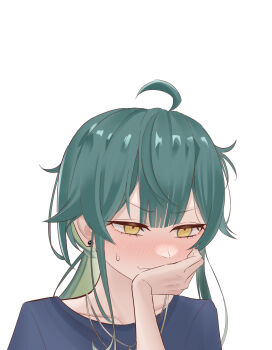 Rule 34 | 1girl, absurdres, ahoge, blue shirt, blush, covering own mouth, earrings, embarrassed, green hair, hair between eyes, hatae taeka, hentai prison, highres, jewelry, long hair, mokomoko system, necklace, raised eyebrows, shirt, sidelocks, simple background, solo, upper body, white background, yellow eyes
