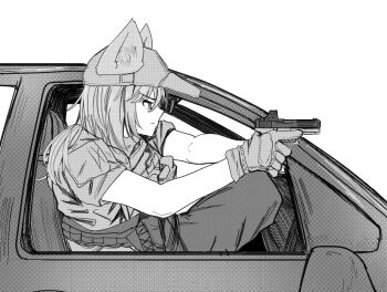 Rule 34 | 1girl, aiming, ammunition pouch, animal ears, ao homura, baseball cap, bulletproof vest, car, cat ears, cat girl, closed mouth, commentary, ears through headwear, from side, glock, gloves, greyscale, gun, hair between eyes, handgun, hat, holding, holding gun, holding weapon, load bearing vest, magazine (weapon), medium hair, monochrome, motor vehicle, optical sight, original, pants, pouch, serious, shirt, short sleeves, simple background, sitting, solo, tactical clothes, trigger discipline, weapon, white background