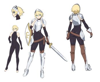 1boy androgynous ass blonde_hair blue_eyes elbow_gloves gauntlets gloves highres knight male_focus mokotoko9 navel original partial_bodysuit reference_sheet shield short_hair shoulder_pads simple_background smile sword visor_(armor) weapon white_background wide_hips