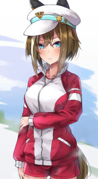 1girl animal_ears blue_eyes blush breasts brown_hair cheval_grand_(umamusume) ear_covers ears_through_headwear gym_shirt hair_between_eyes hasumushi hat highres horse_ears horse_girl horse_tail jacket large_breasts long_hair looking_at_viewer multicolored_hair parted_lips peaked_cap red_jacket red_shorts shirt shorts solo streaked_hair sweat tail tracen_training_uniform track_jacket umamusume white_hair white_hat white_shirt