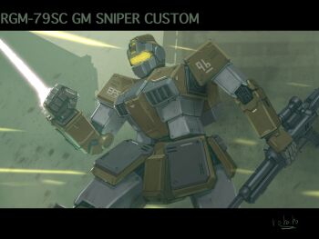 Rule 34 | assault visor, beam rifle, bottoms1237, commentary request, earth federation, energy gun, energy sword, fighting, gm sniper custom, gun, gundam, gundam msv, highres, holding, holding gun, holding weapon, mecha, mecha focus, mobile suit, mobile suit gundam, no humans, robot, science fiction, standing, sword, weapon, yellow visor
