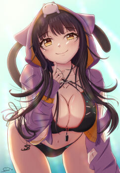 1girl animal animal_ears animal_on_head asakura_karen_(heaven_burns_red) backlighting bikini black_bikini black_hair blue_sky blunt_bangs blush breasts cat cat_ears cat_on_head cat_tail cleavage closed_mouth collarbone commentary cowboy_shot day eyelashes fake_animal_ears fake_tail fingernails floating_hair hand_up heaven_burns_red highres hood hood_up hoodie large_breasts leaning_forward lips long_hair looking_at_viewer navel official_alternate_costume on_head open_clothes open_hoodie outdoors purple_hoodie signature sky sleeves_past_wrists smile smug solo suimei_(ramebi3) sunlight swimsuit tail v very_long_hair yellow_eyes