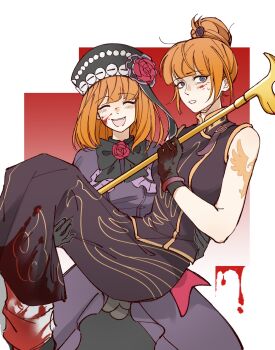 Rule 34 | 2girls, arm tattoo, black dress, black gloves, blood, blood on clothes, blood on face, carrying, china dress, chinese clothes, closed eyes, dress, dual persona, eva beatrice, fangs, gloves, hair bun, hashtag-only commentary, highres, huixiaaa42305, multiple girls, open mouth, orange hair, princess carry, purple dress, short hair, smile, sweatdrop, tattoo, umineko no naku koro ni, ushiromiya eva, white background