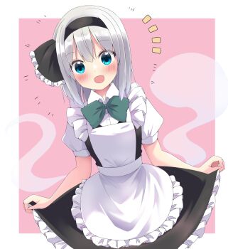 Rule 34 | 1girl, alternate costume, apron, black bow, black hairband, black skirt, black vest, blue eyes, blush, border, bow, bowtie, clothes lift, commentary request, cowboy shot, crossed bangs, double-parted bangs, frilled skirt, frills, green bow, green bowtie, grey hair, hair between eyes, hairband, highres, konpaku youmu, konpaku youmu (ghost), looking at viewer, maid, maid apron, medium hair, notice lines, open mouth, pink background, puffy short sleeves, puffy sleeves, shirt, shishiky, short sleeves, simple background, skirt, skirt lift, smile, solo, touhou, vest, white apron, white border, white shirt