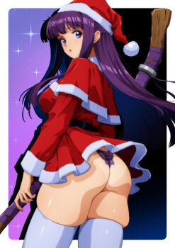 1girl :o absurdres ass belt black_belt border breasts christmas commentary cowboy_shot curvy dress english_commentary fern_(sousou_no_frieren) floating_hair from_behind gravydood hat highres holding holding_staff lace lace_panties large_breasts long_hair looking_at_viewer looking_back panties parted_lips purple_background purple_eyes purple_hair purple_nails purple_panties red_dress santa_costume santa_dress santa_hat skindentation solo sousou_no_frieren staff thick_thighs thighhighs thighs underwear very_long_hair white_border white_thighhighs