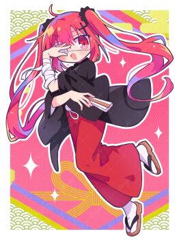 1girl :d ahoge bandaged_arm bandages black_kimono black_scrunchie blush border brown_sandals commentary_request cross_hair_ornament eyepatch full_body hair_ornament hair_scrunchie hand_over_eye highres japanese_clothes kimono long_hair long_sleeves looking_at_viewer open_mouth original outline outside_border pants pink_background polka_dot polka_dot_background red_eyes red_hair red_pants richard_(richaball) sample_watermark sandals scrunchie smile socks solo sparkle standing tabi twintails watermark watermark_grid white_border white_outline white_socks wide_sleeves