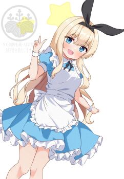 1girl :d alice&#039;s_adventures_in_wonderland alice_(alice_in_wonderland) apron arm_up black_bow black_hairband black_ribbon blonde_hair blue_dress blue_eyes blush bow bow_hairband breasts collared_dress dot_nose dress dutch_angle frilled_apron frilled_dress frills hairband highres legs_together long_hair maid_apron neck_ribbon open_mouth puffy_short_sleeves puffy_sleeves ribbon rodo_(oekakisyakaijin) short_sleeves small_breasts smile solo star_(symbol) very_long_hair watermark white_apron white_background white_wrist_cuffs wrist_cuffs